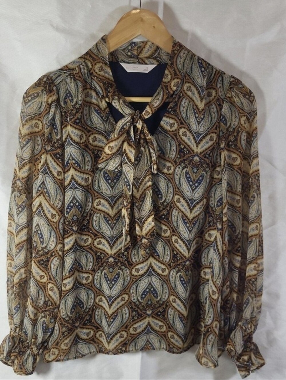 LC Lauren Conrad Paisley Tie-Neck Blouse in Brown and Navy